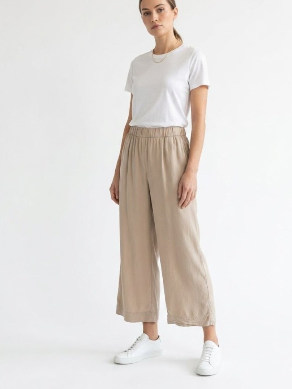 Haven Tencel Wide Leg Cropped Pants XL Beige Flowy Pull-On